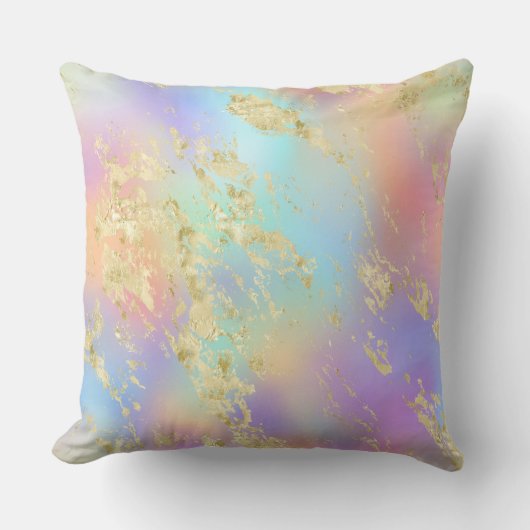 レインボーモダングラディエントと金ゴールド大理石パターン クッション (正面)