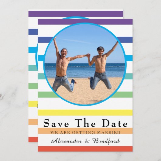 レインボーモダンストライプゲイウェディング日付を保存 案内状 (正面/裏面)