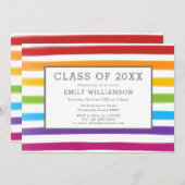 レインボーモダンストライプズ水彩卒業パーティー 招待状 (正面/裏面)