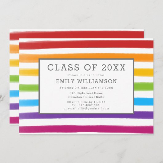 レインボーモダンストライプズ水彩卒業パーティー 招待状 (正面/裏面)