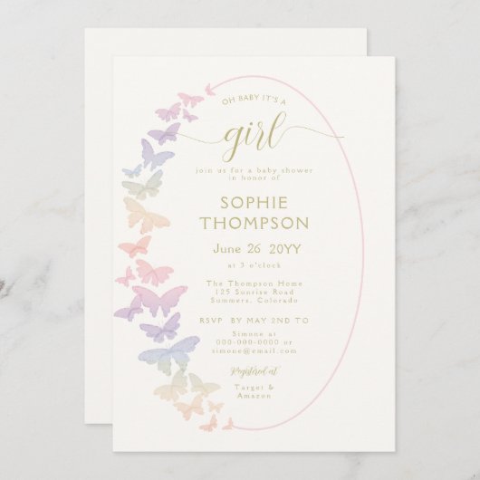 レインボーモダンバタフライ金ゴールドガールベビーシャワー 招待状 (正面/裏面)