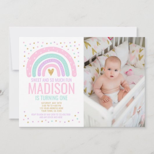 レインボーモダンファースト誕生日 招待状 (正面)