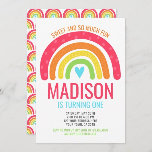 レインボーモダンファースト誕生日 招待状 (正面/裏面)