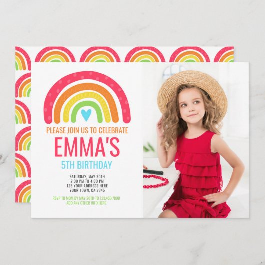 レインボーモダンファースト誕生日 招待状 (正面/裏面)