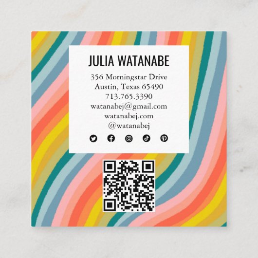 レインボーモダンミニマルストライプリストQRソーシャルメディア スクエア名刺 (裏面)