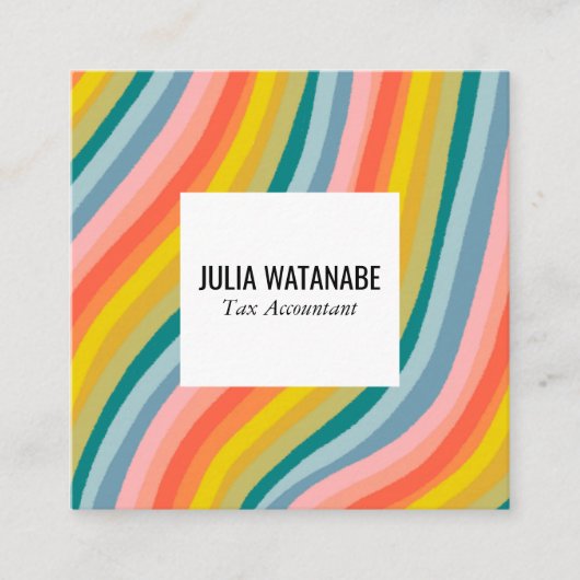 レインボーモダンミニマルストライプリストQRソーシャルメディア スクエア名刺 (正面)