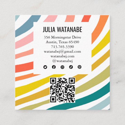 レインボーモダンミニマルストライプリストQRソーシャルメディア スクエア名刺 (裏面)