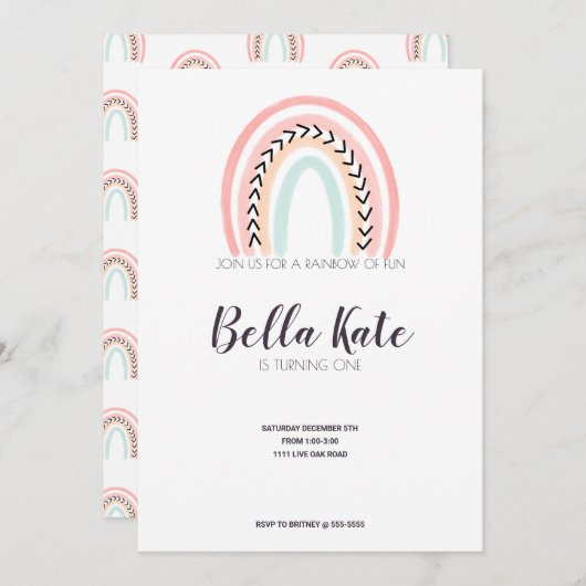 レインボーモダン子供の誕生日パーティー 招待状 (正面/裏面)