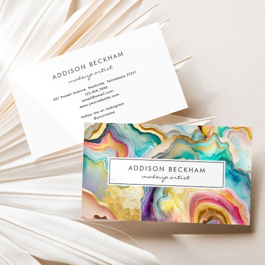 レインボーモダン金ゴールドカラフル抽象芸術水色 名刺
