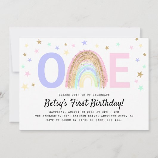 レインボーモダン&スターズ'ONE' 1歳の誕生日パーティー 招待状 (正面)