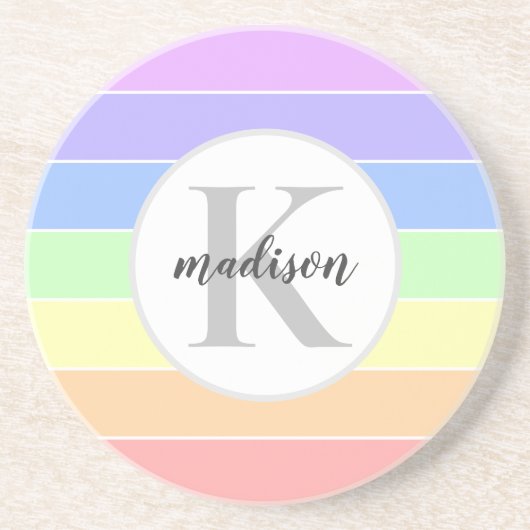 レインボーモノグラムのカラフルストライプパターン コースター (正面)