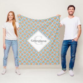 レインボーモノグラムのフローラアールデコファン フリースブランケット