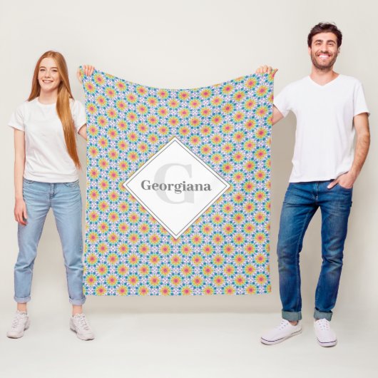 レインボーモノグラムのフローラアールデコファン フリースブランケット (インサイチュ)