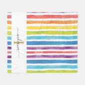 レインボーモノグラムスクリプト名ウォーター色のストライプ フリースブランケット (正面(横))