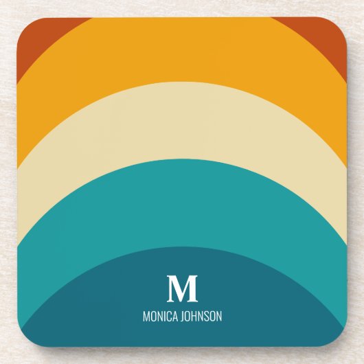 レインボーモノグラム名前をカスタムするレトロサンセットストライプ コースター (正面)