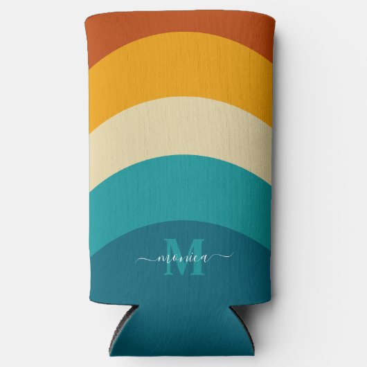 レインボーモノグラム名前をカスタムするレトロサンセットストライプ スリム缶クーラー (正面)