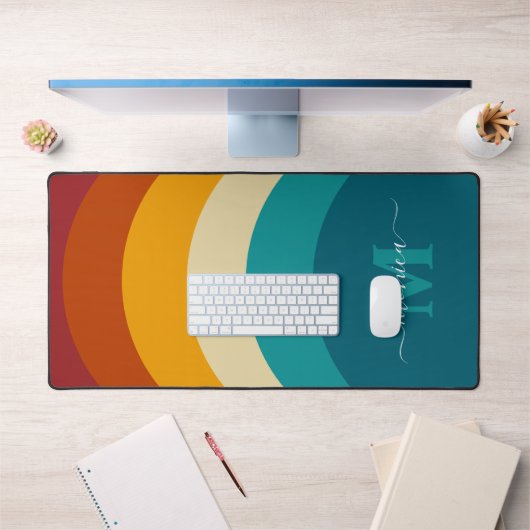 レインボーモノグラム名前をカスタムするレトロサンセットストライプ デスクマット (オフィス1)