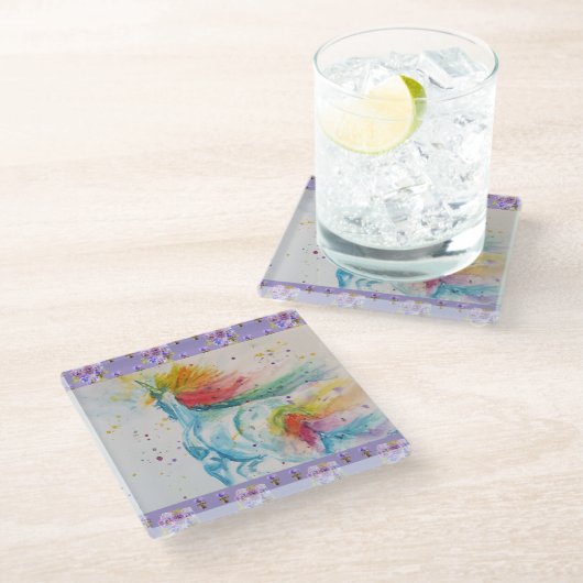 レインボーユニコーンかわいい女の子パープルパンシーコースター ガラスコースター (アングル)