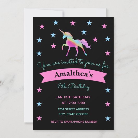 レインボーユニコーンアンドスターズ誕生日招待状 招待状 (正面)