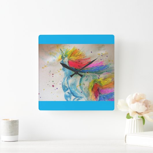 レインボーユニコーンウォーターカラーガールズ子供部屋時計 スクエア壁時計 (ホーム)