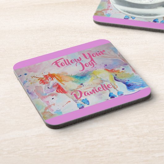 レインボーユニコーンウォーターカラーピンクネームコースター コースター (左側)