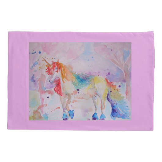 レインボーユニコーンウォーターカラーピンクラブピローケース 枕カバー (裏面)