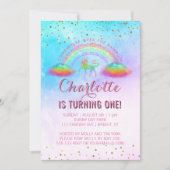 レインボーユニコーンウォーターカラー1st誕生日パーティー 招待状 (正面)