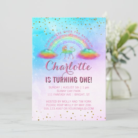 レインボーユニコーンウォーターカラー1st誕生日パーティー 招待状 (スタンド正面)