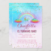 レインボーユニコーンウォーターカラー1st誕生日パーティー 招待状 (正面/裏面)