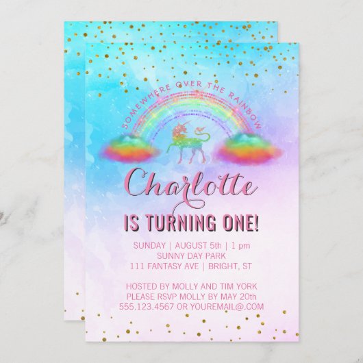 レインボーユニコーンウォーターカラー1st誕生日パーティー 招待状 (正面/裏面)