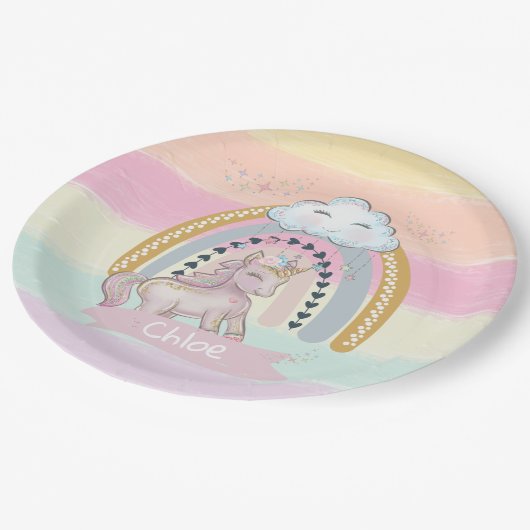 レインボー🦄ユニコーンガール名前をカスタムする     ペーパープレート (アングル)