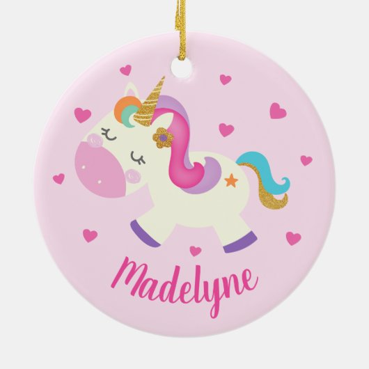 レインボーユニコーングリッタークリスマスピンク名 セラミックオーナメント (裏面)