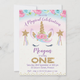 レインボーユニコーングリッター1st誕生日招待状 招待状