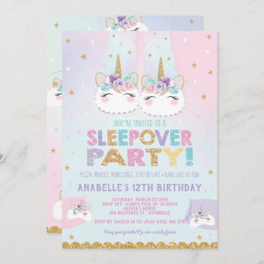 レインボーユニコーンスリープバーバースデーパーティー 招待状 (正面/裏面)