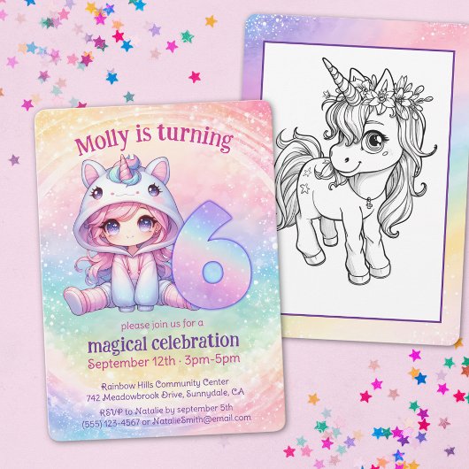 レインボーユニコーンチビガール 6歳の誕生日 招待状