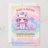 レインボーユニコーンチビガール 6歳の誕生日 招待状 (正面)