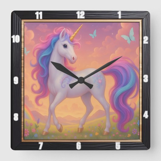 レインボーユニコーンバタフライガーデン スクエア壁時計 (正面)