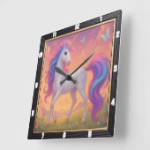 レインボーユニコーンバタフライガーデン スクエア壁時計 (傾斜)