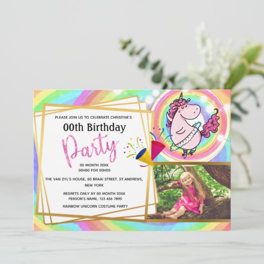 レインボーユニコーンバレリーナ2フォトガールズ誕生日 招待状 (スタンド正面)