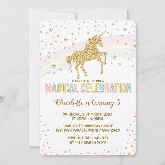 レインボーユニコーンバースデーパーティー招待状トゥインクルスター 招待状 (正面)
