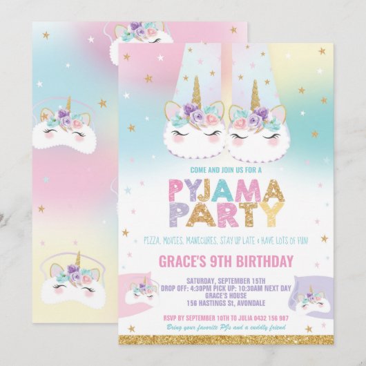 レインボーユニコーンパジャマバースデーパーティパジャマ 招待状 (正面/裏面)