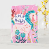 レインボーユニコーンパーソナライズされたエイジピンク誕生日 カード (黄色い花)