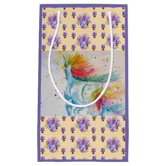 レインボーユニコーンパープルフローラ水彩抱き枕 スモールペーパーバッグ (正面)