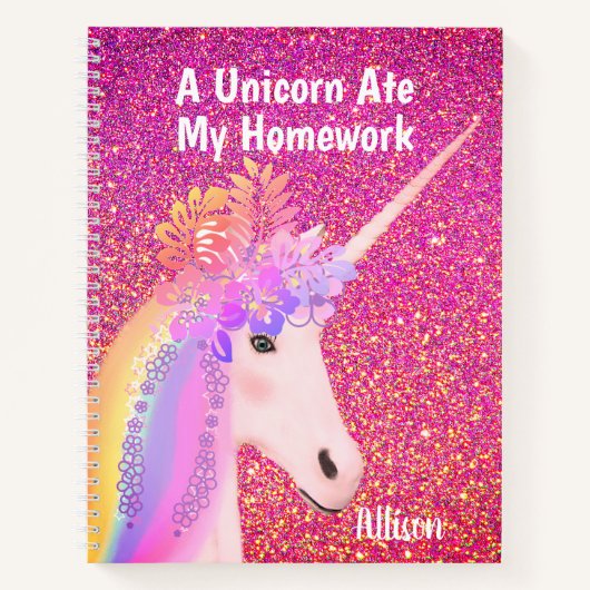 レインボーユニコーンピンクグリッターグラパーソナライズされたム ノートブック (正面)