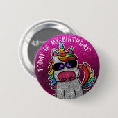 レインボーユニコーンピンクグリッター今日は私の誕生日 缶バッジ (正面&裏面)