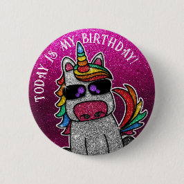 レインボーユニコーンピンクグリッター今日は私の誕生日 缶バッジ