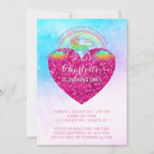 レインボーユニコーンピンクハート１歳の誕生日パーティー 招待状 (正面)