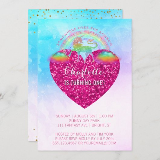 レインボーユニコーンピンクハート1歳誕生日パーティー 招待状 (正面/裏面)