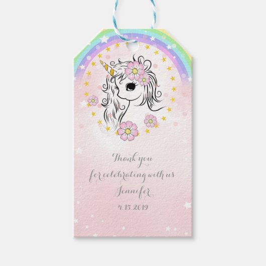 レインボーユニコーンピンク感謝してい金ゴールドユーメッセージカード ギフトタグ (正面)
