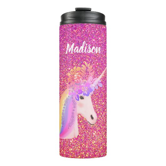 レインボーユニコーンピンク金ゴールドグリッターフローラ名 タンブラー (正面)
